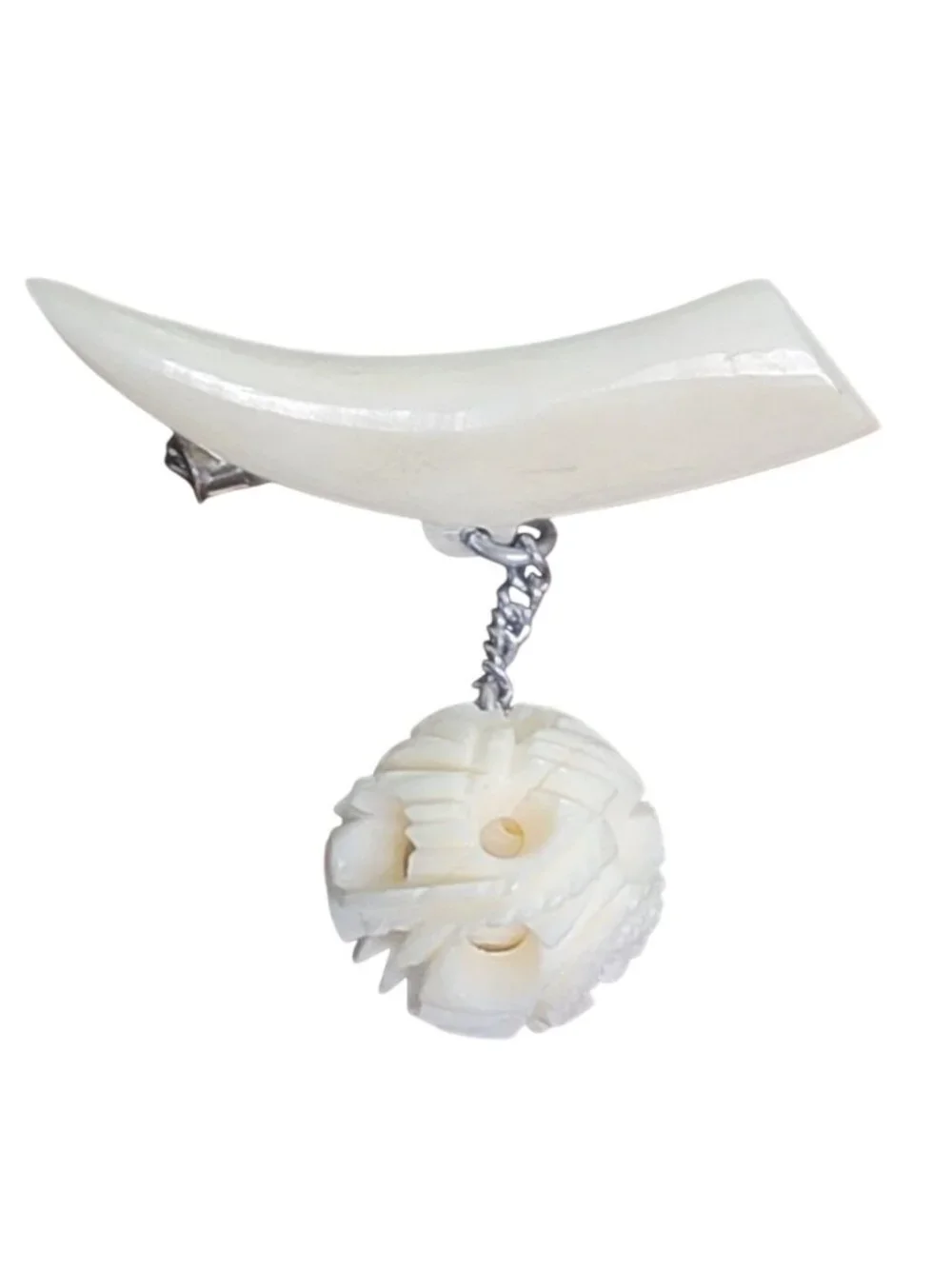 Vintage Carved Celluloid Horn Brooch Dangling Puzzle Ball Pendant Chain Accent